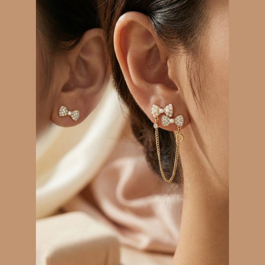 Asymmetrical Pearl Bow Drop Earrings
