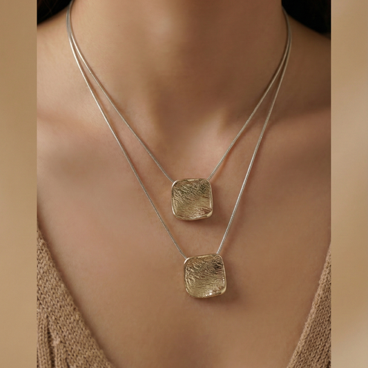 Double Layered Square Pendant Necklace | 18K Gold Plated
