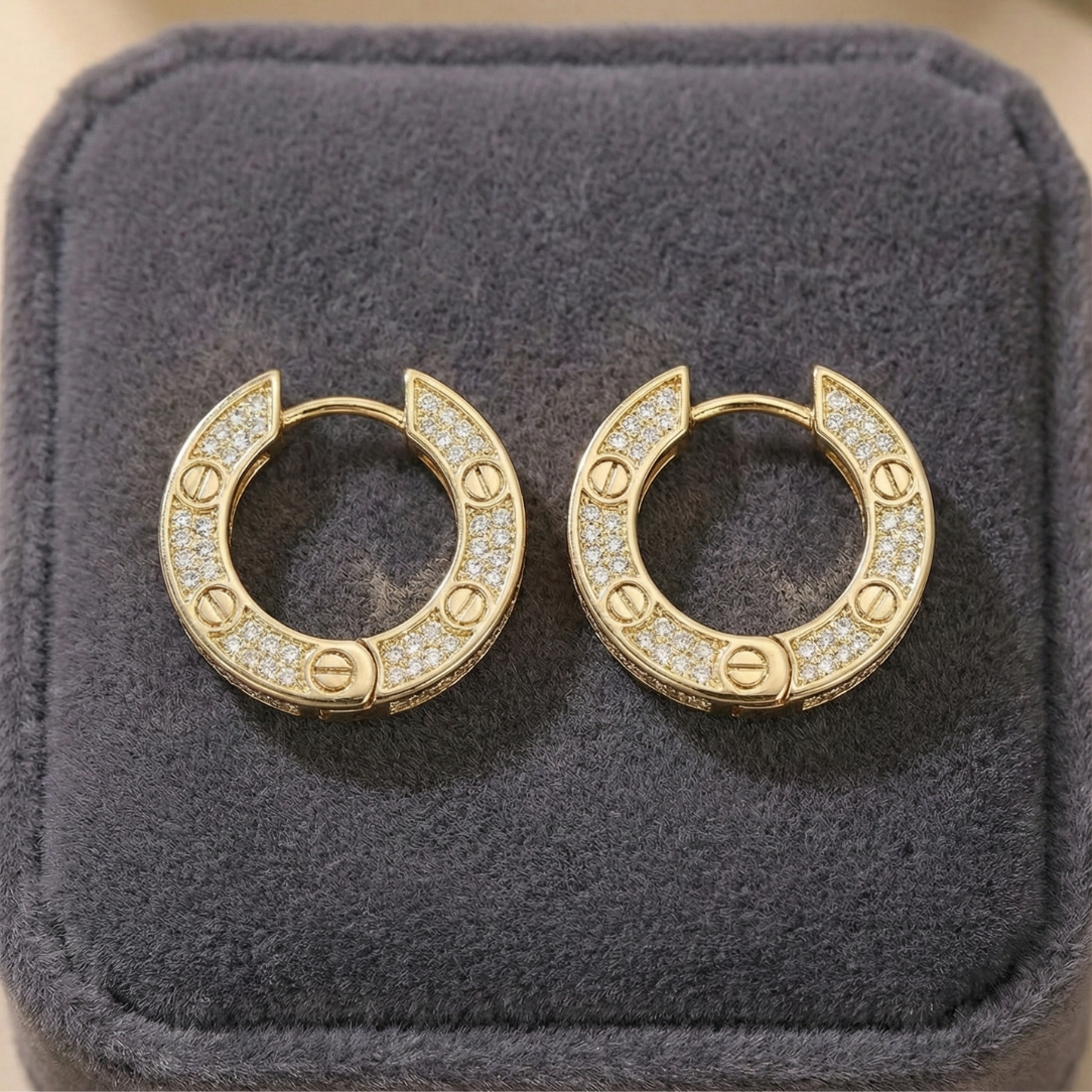Pave Screw-Detail Hoop Earrings | 18K Gold Plated