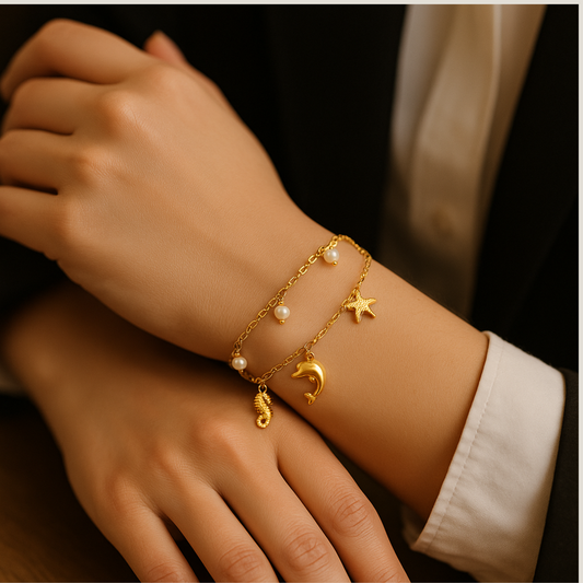 Golden Shore Pearl & Charm Bracelet | 18K Gold Plated