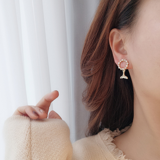 Golden Pearl Mermaid Tail Earrings | 18K Gold Plated