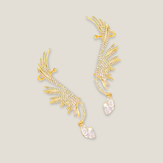 Feather Wing Ear Cuffs with Dazzling Drops | 18K Gold Plated