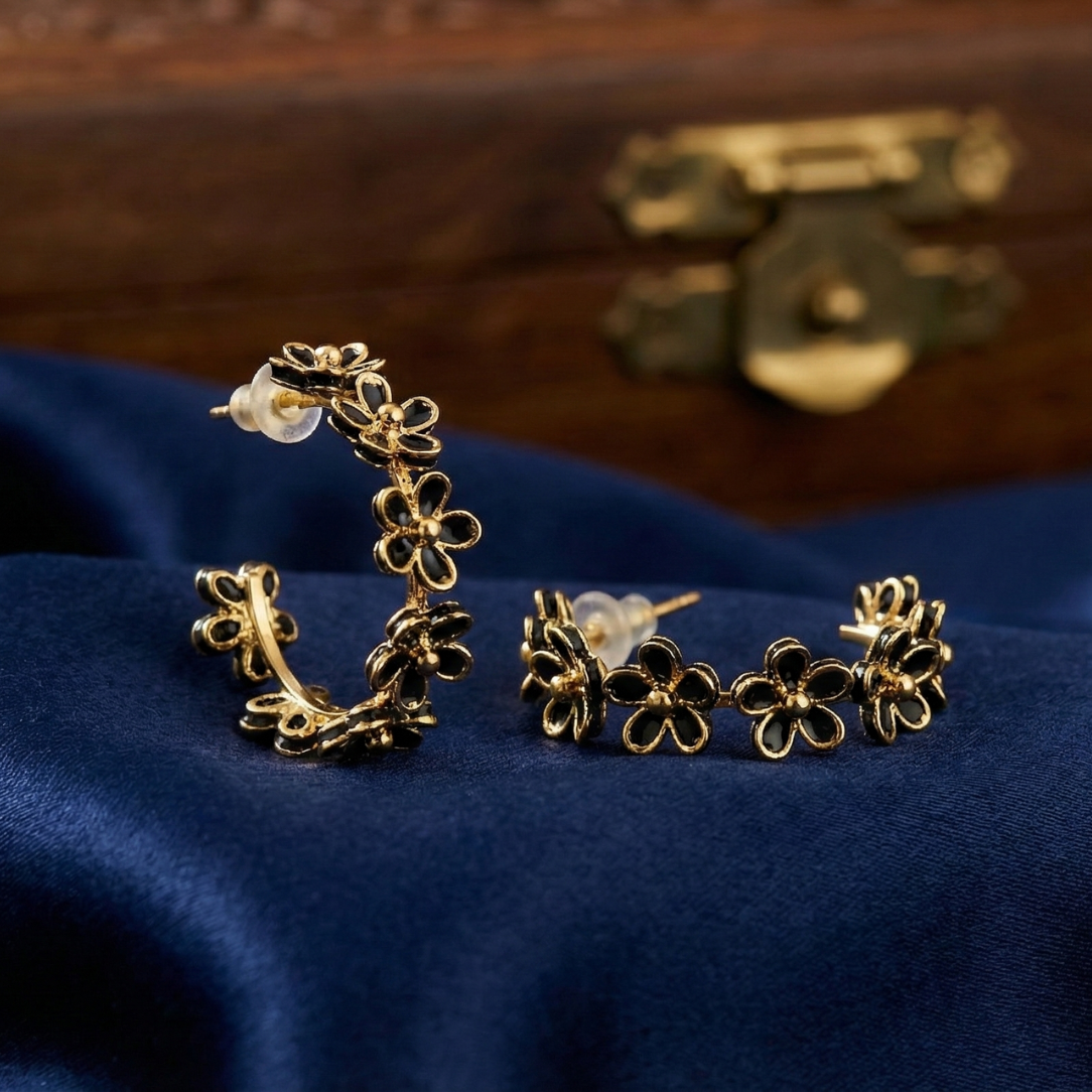 Gold & Black Floral Hoops