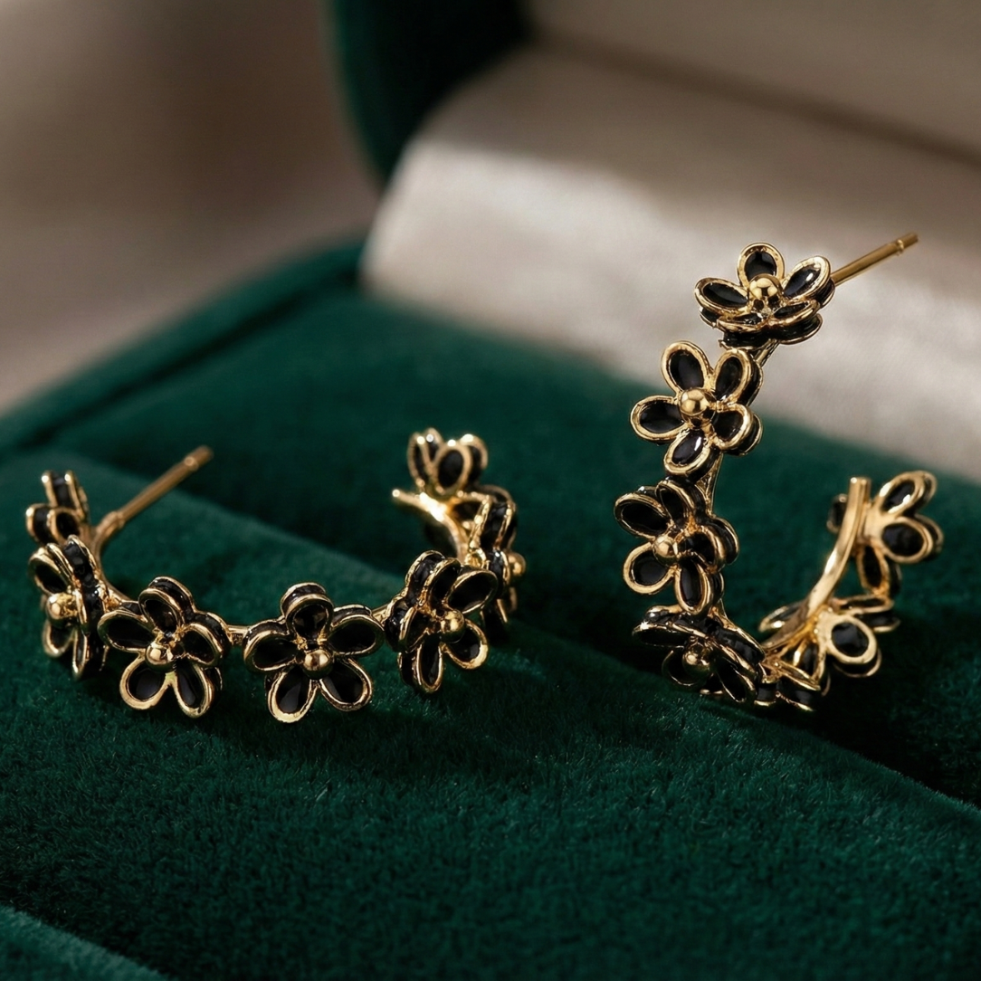 Gold & Black Floral Hoops