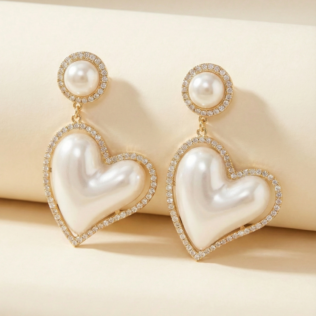 Dazzling Heart of Pearl Drop Earrings