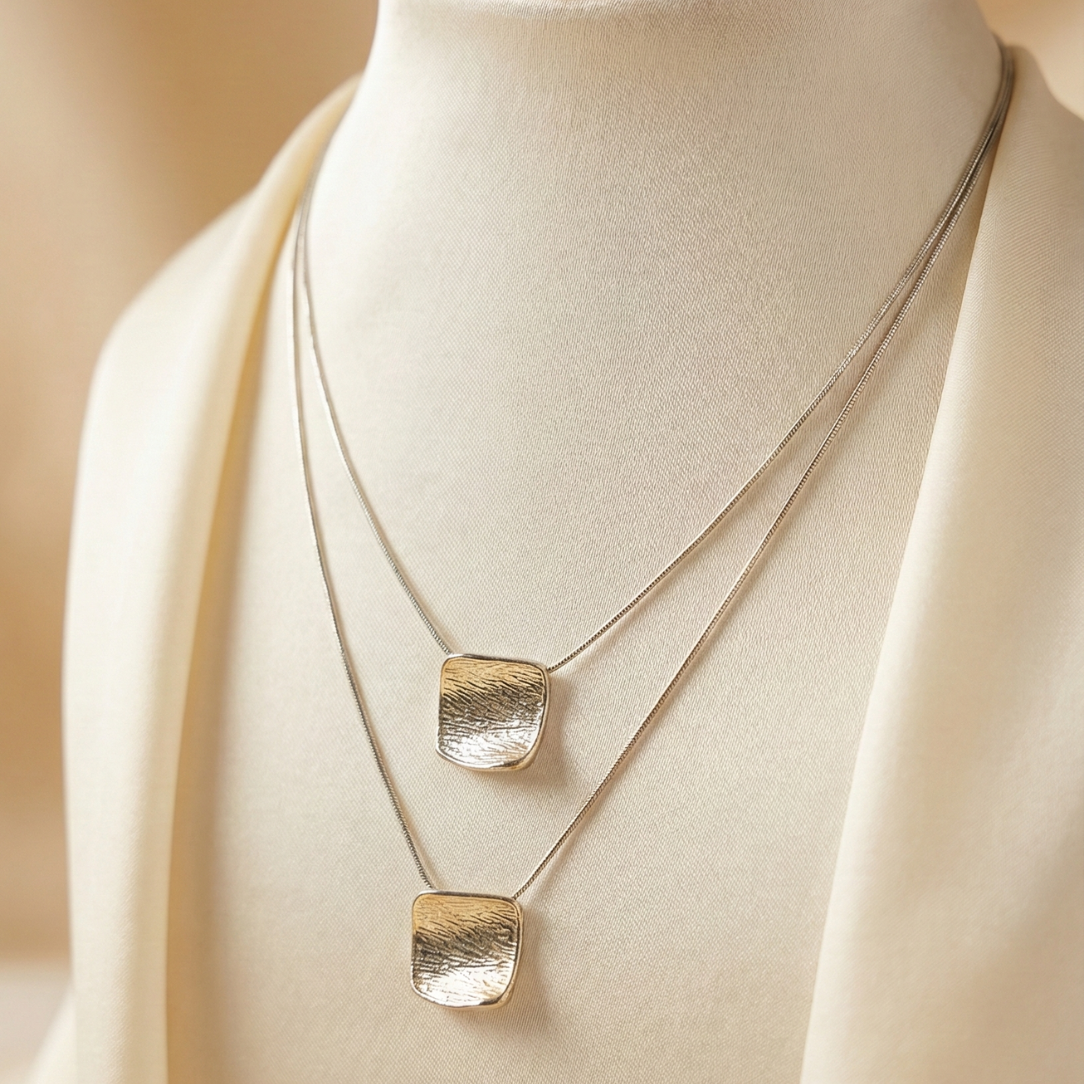 Double Layered Square Pendant Necklace | 18K Gold Plated