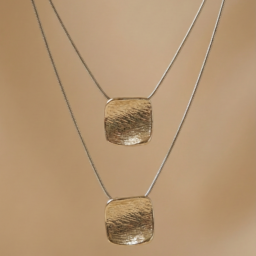 Double Layered Square Pendant Necklace | 18K Gold Plated