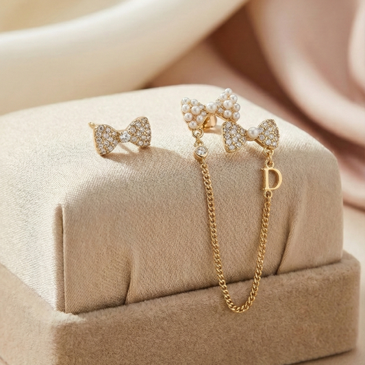 Asymmetrical Pearl Bow Drop Earrings
