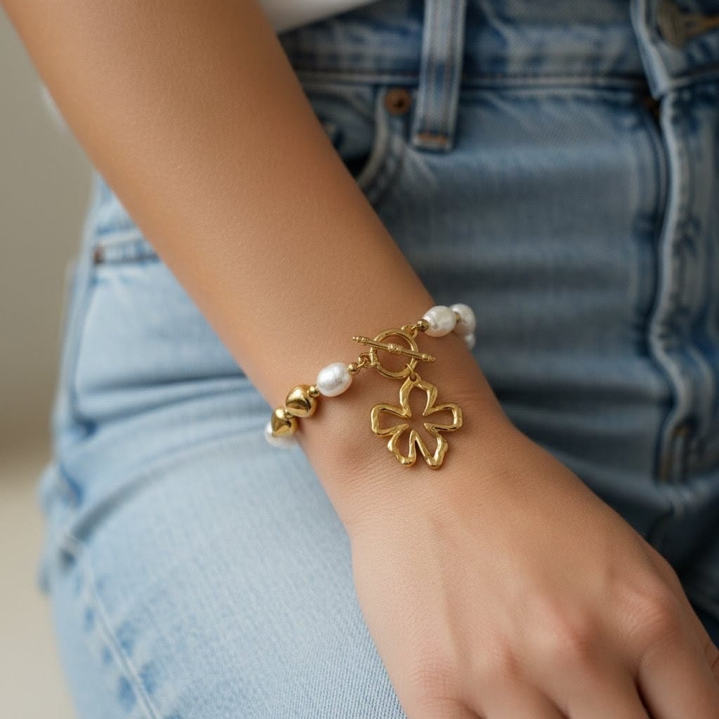 Pearl & Clover Charm Bracelet | 18K Gold Plated